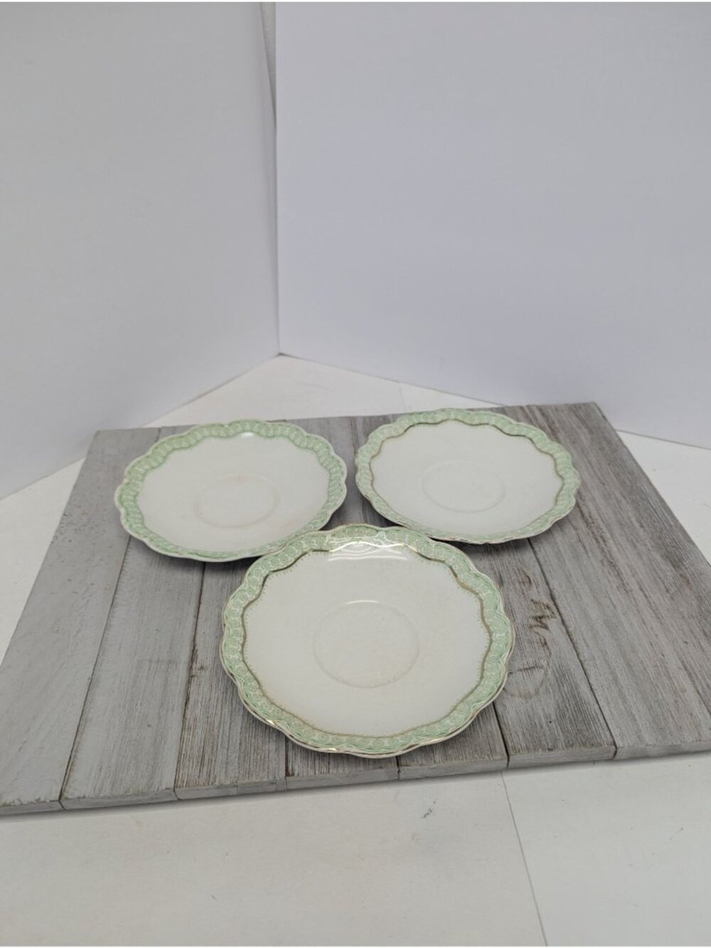 Johnson Bros Ruth Set of 3 Saucers Green Gold Bone China